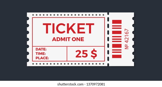Ticket icon vector illustration in the flat style. Ticket stub isolated on a background. Retro cinema or movie tickets.