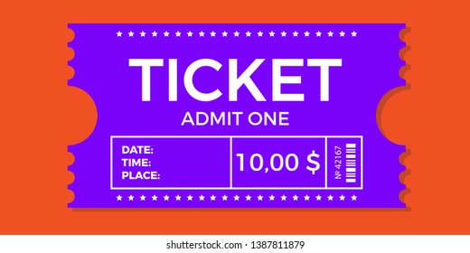Ticket icon vector illustration in the flat style. Ticket stub isolated on a background. Retro cinema or movie tickets.