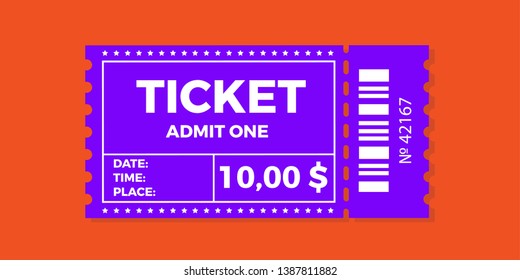 Ticket icon vector illustration in the flat style. Ticket stub isolated on a background. Retro cinema or movie tickets.