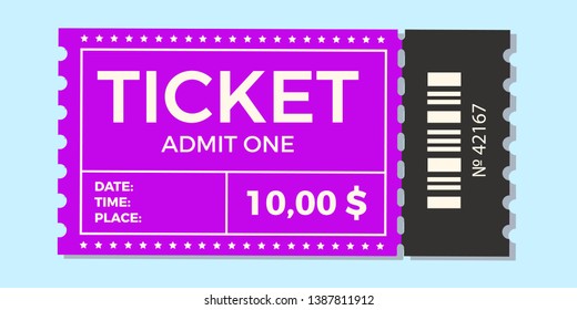 Ticket icon vector illustration in the flat style. Ticket stub isolated on a background. Retro cinema or movie tickets.