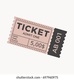 Ticket icon vector illustration in the flat style. Ticket stub isolated on a background. Retro cinema or movie tickets.