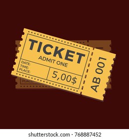 Ticket icon vector illustration in the flat style. Ticket stub isolated on a background. Retro cinema or movie tickets.