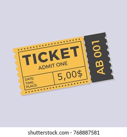 Ticket icon vector illustration in the flat style. Ticket stub isolated on a background. Retro cinema or movie tickets.