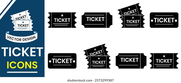 Ticket icon vector illustration. A set of movie ticket icons, silhouette. Tickets for cinema, movie, circus, carnival, film, festival, flight,  music, theater, sport, etc. Vector illustration.