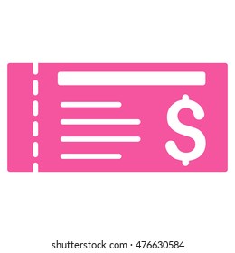 Ticket icon. Vector style is flat iconic symbol with rounded angles, pink color, white background.