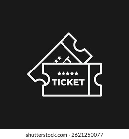 Ticket Icon White Outline on Black Background with Torn Stub and Five Stars for Event Admission