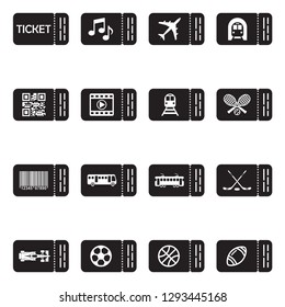 Ticket Icons. Black Flat Design. Vector Illustration.