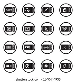Ticket Icons. Black Flat Design In Circle. Vector Illustration.