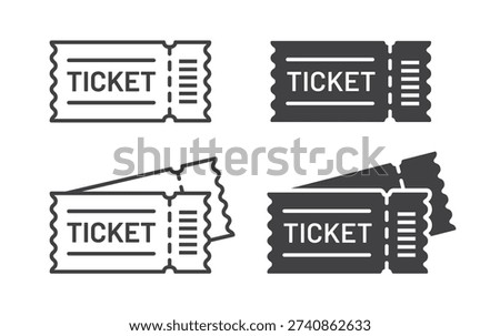 Ticket icons featuring barcode details in both line and solid styles. These icons show admission tickets with detachable edges, representing access, validation, and event entry.