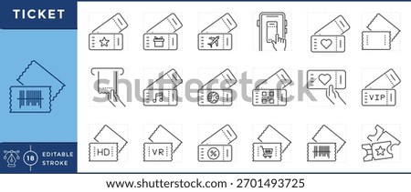 Ticket icons set. Event, gift, cinema, sports, discount, and many more. Vector editable stroke.