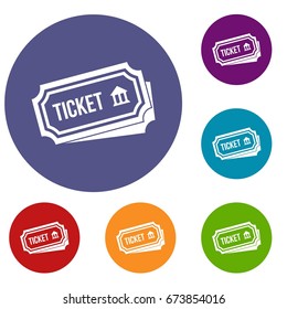 Ticket icons set in flat circle reb, blue and green color for web