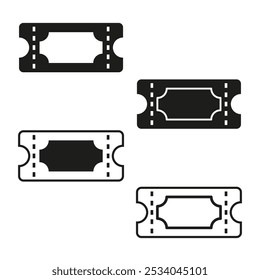 Ticket icons set with solid and outline styles. Admission and event concept. Black and white vector illustration for print and web.