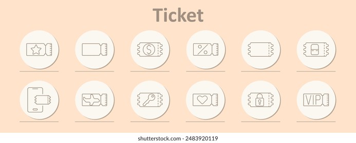 Ticket icons set. Ticket with star, blank, discount, airplane, VIP, key ticket, love ticket, lock. Line icons on beige background