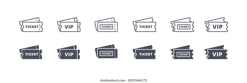 Ticket icons silhouettes set. Coupons for movie or theter, sports events. Passes and permissions. Contours and silhouettes. Flat vector collection isolated on white background