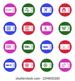 Ticket Icons. White Flat Design In Circle. Vector Illustration.