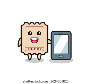 ticket illustration cartoon holding a smartphone , cute style design for t shirt, sticker, logo element