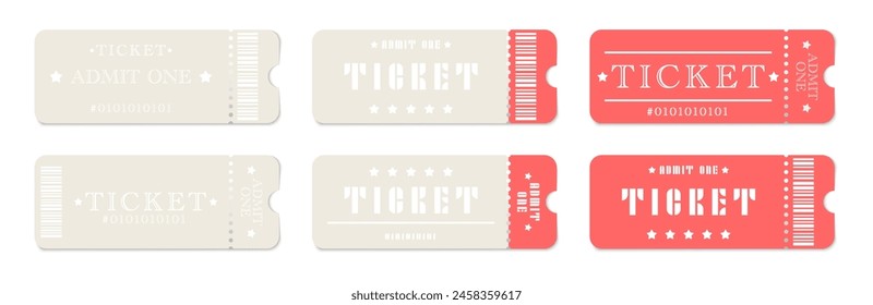 Ticket illustrations. Admit one. Admit coupon. Ticket for concert, boarding, lottery, movie.