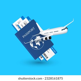 Ticket inside passport with a blue cover with air plane is flying front. Isolated on blue background. For travel international tourism advertising design. 3D Vector EPS10.