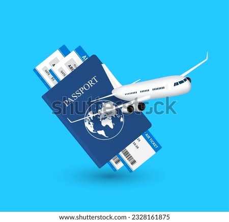 Ticket inside passport with a blue cover with air plane is flying front. Isolated on blue background. For travel international tourism advertising design. 3D Vector EPS10.