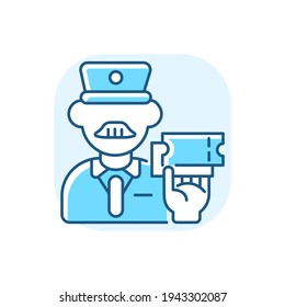 Ticket inspector blue RGB color icon. Train travel, railroad transportation service. Railway company worker, controller checking tickets isolated vector illustration