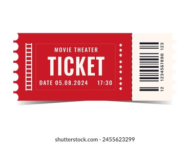  Ticket isolated on white background. Vector. Circus, movie, concert, concert, play, performance, party, event, festival ticket realistic template red-white . Ticket icon for website.