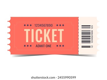 Ticket isolated on white background. Vector. Circus, movie, concert, concert, play, performance, party, event, festival ticket realistic template red-white . Ticket icon for website.