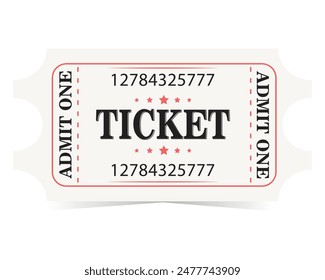 Ticket aislado sobre fondo blanco. Vector. Circo, cine, tribuna, actuación, teatro, concierto, obra, teatro, fiesta, evento, festival, realista en estilo retro. Plantilla de tickets