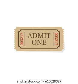 Ticket isolated on white background. Retro cinema theater ticket. Vector illustration flat style design. Coupon on concert. Access entertainment. Pass permission.