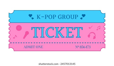 Ticket to a k-pop group concert decorated with musical notes, a microphone, a disc and headphones. Vector illustration isolated on a white background