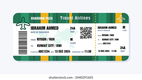 Ticket to Kuwait City, Kuwait. Boarding pass template with generic data. Travel flight ticket vector illustration with QR code.