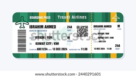 Ticket to Kuwait City, Kuwait. Boarding pass template with generic data. Travel flight ticket vector illustration with QR code.