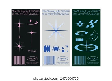 Ticket label receipt print y2k elements simple star futuristic shapes remix shining light sparkle bling barcode layout graphic design template set banner flyer web mobile contents digital logo minima