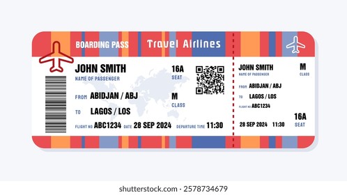 Ticket to Lagos, Nigeria from Abidjan. Boarding pass template with generic data. Travel flight ticket vector illustration with QR code.