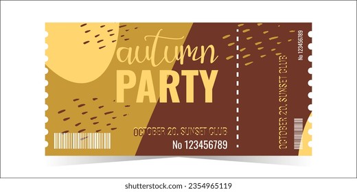 The ticket layout template for autumn party. Design of a banner, a flyer, an invitation card. Vector flat illustration.