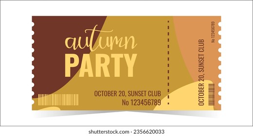 The ticket layout template for autumn party. Autumn colors. Design of a banner, a flyer, an invitation card. Vector flat illustration.