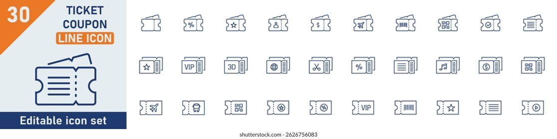 Ticket line icon set. Set of 30 outline icons related to ticket, coupon, voucher, discount, event, movie, concert, theater, circus and others. Editable stroke. Vector illustration.
