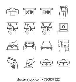 Ticket machine line icon set 1. Included the icons as ticket, barcode, card, scan, machine, withdraw and more.