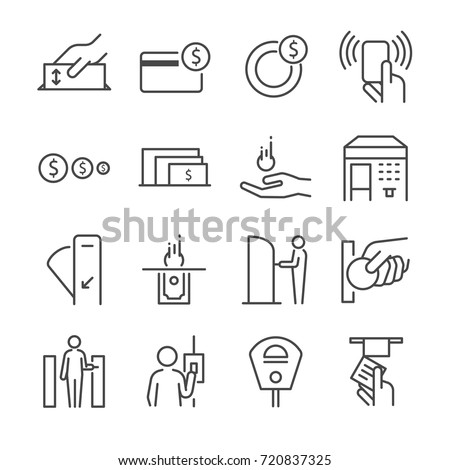 Ticket machine line icon set 2. Included the icons as ticket, coin, token, fare gate, machine, parking meter and more.