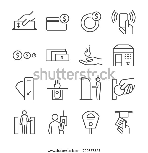 Ticket\
machine line icon set 2. Included the icons as ticket, coin, token,\
fare gate, machine, parking meter and\
more.