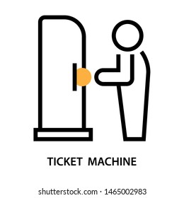 Ticket machine. Man standing and drop coin into the vending machine. Stroke outline style. Vector. Isolate on white background.
