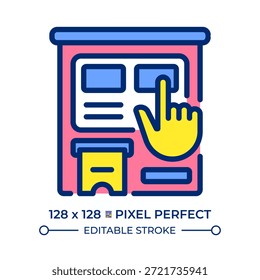 Icono de color de línea perfecta de píxeles de máquina de boletos. Quiosco automatizado que valida el pago por servicio de transporte. Tecnología. Ilustración vectorial aislada. Diseño de símbolo colorido plano. Trazo editable