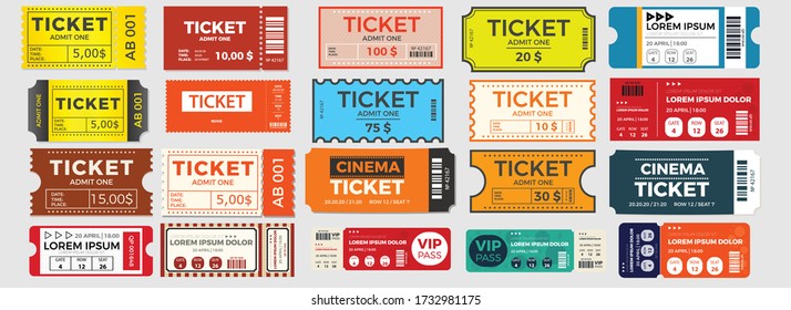 Ticket mega set, vector illustration in the flat style. Ticket stub isolated on a background. Retro cinema or movie tickets