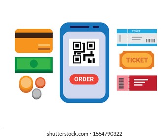 Ticket mobile payment with barcode flat illustration vector
