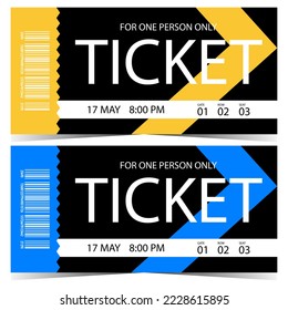 Ticket mockup design. Modern, trendy, bright and creative event entrance ticket, access or pass talon, admission flyer suitable for exhibition, festival, concert, party, disco, club, private areas.