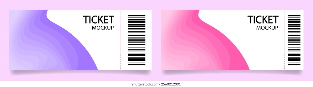 Ticket mockups with bar codes and shadows. Background template with purple and pink abstract pattern. Concert, movie or theater ticket. Boarding blank, lottery, sale coupon