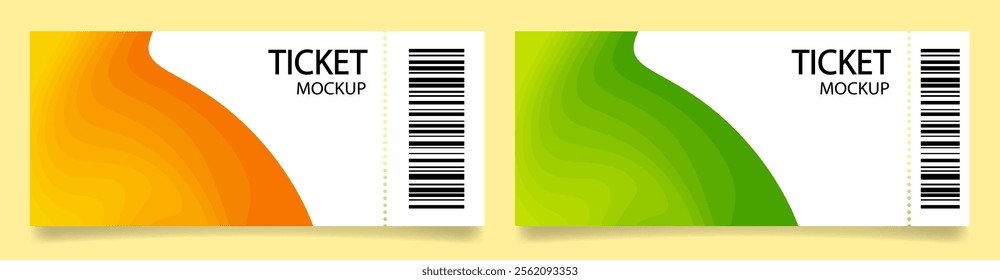 Ticket mockups with bar codes and shadows. Background template with orange and green abstract pattern. Concert, movie or theater ticket. Boarding blank, lottery, sale coupon