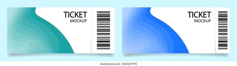 Ticket mockups with bar codes and shadows. Background template with teal green and blue abstract pattern. Concert, movie or theater ticket. Boarding blank, lottery, sale coupon