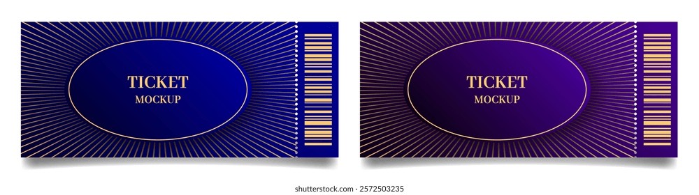 Ticket mockups with bar codes and shadows. Background template with purple and blue abstract pattern. Concert, movie or theater ticket. Lottery, sale coupon