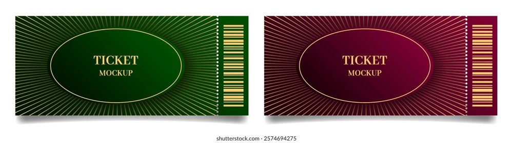 Ticket mockups with bar codes and shadows. Background template with red and green abstract pattern. Concert, movie or theater ticket. Lottery, sale coupon