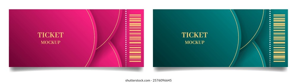 Ticket mockups with bar codes and shadows. Background template with pink and teal abstract pattern. Concert, movie or theater ticket. Lottery, sale coupon	